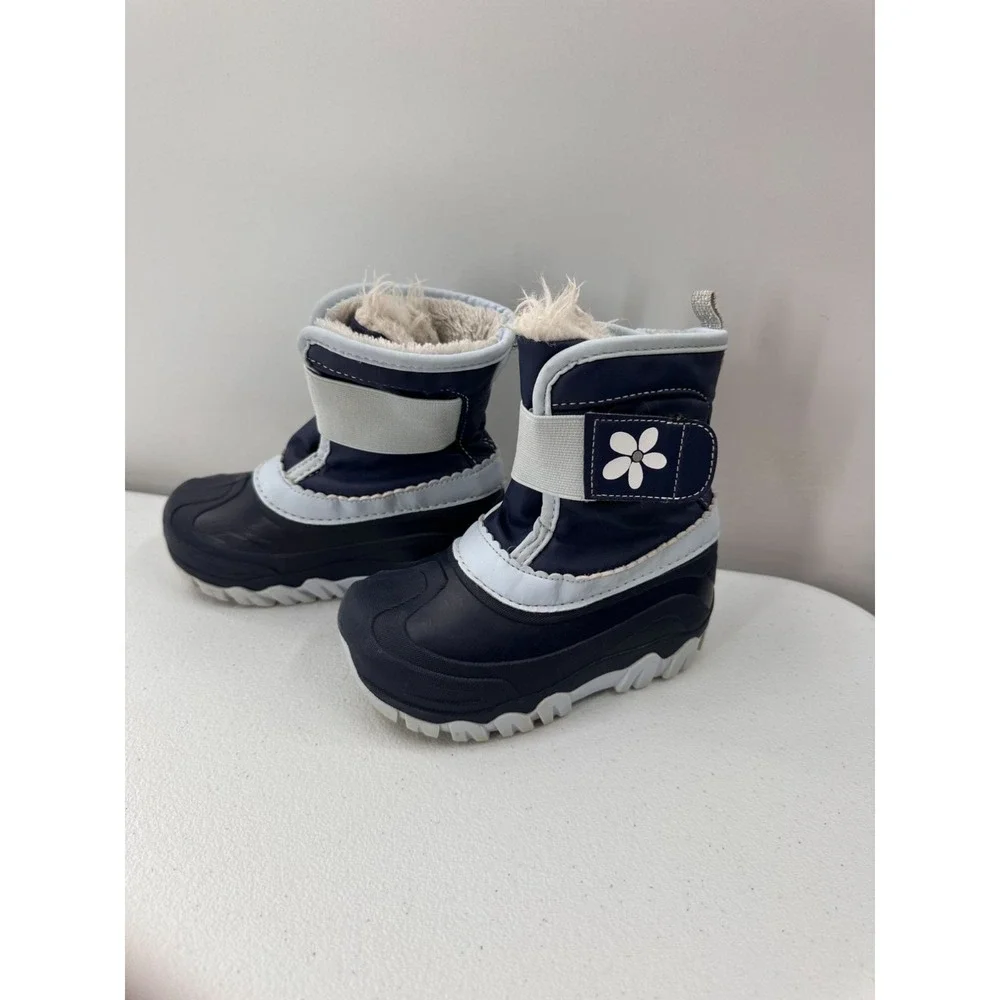 Toddler Navy Blue Winter Snow Boots Faux Fur Lined Size 9/10 Durable Sole Flower